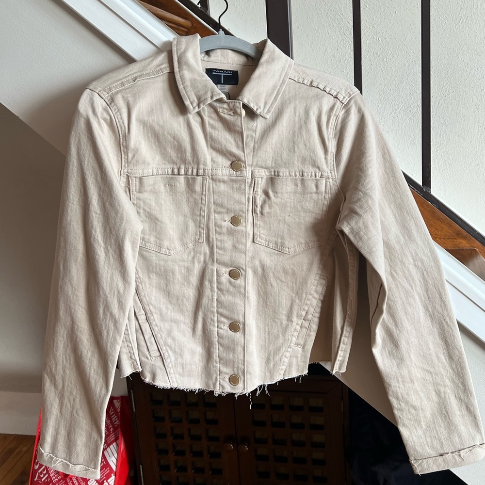 Brand new tan cropped jean jacket, size medium
